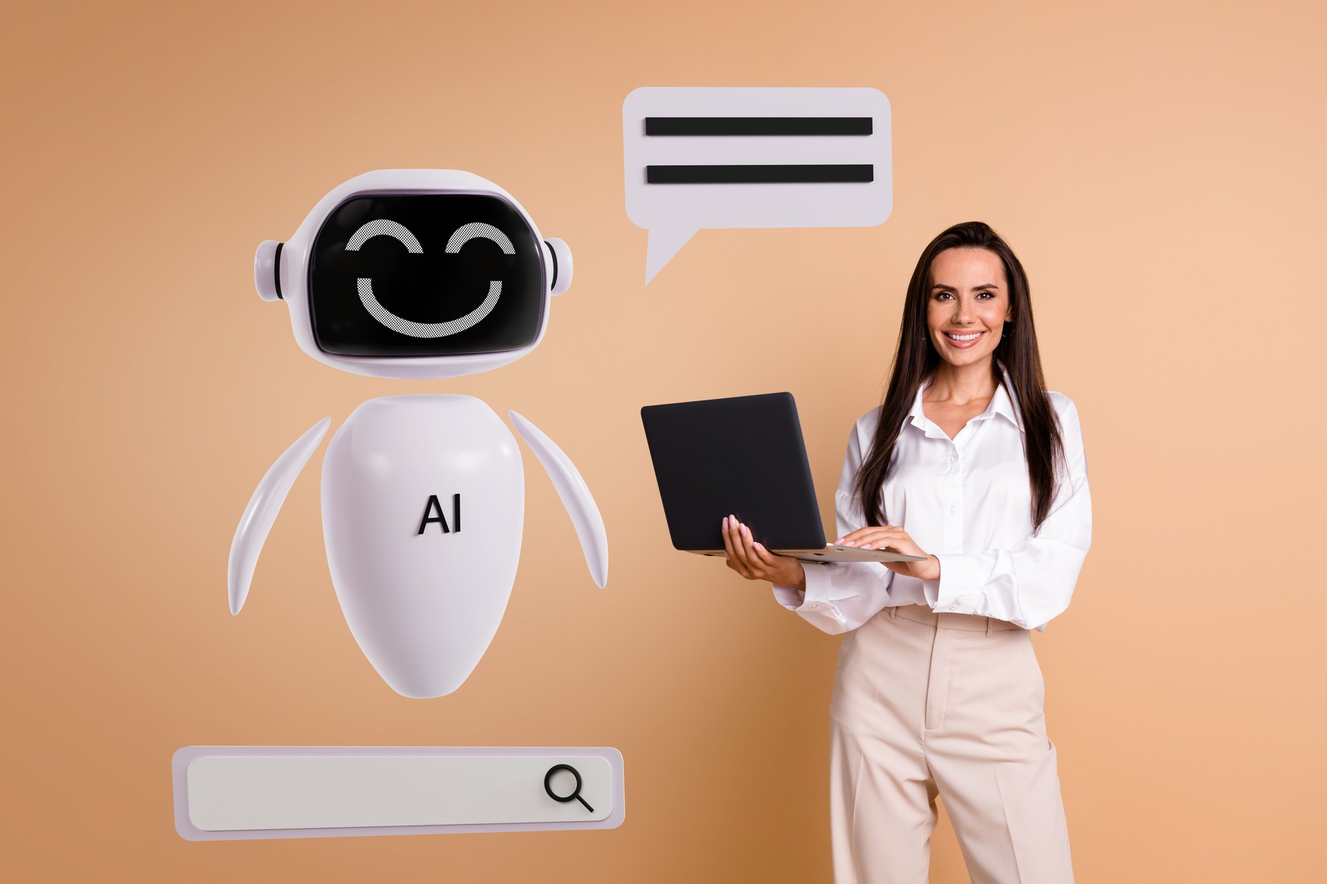 Composite trend artwork 3D sketch collage of robot assistant artificial intellect young lady office manager work laptop speech cloud search
