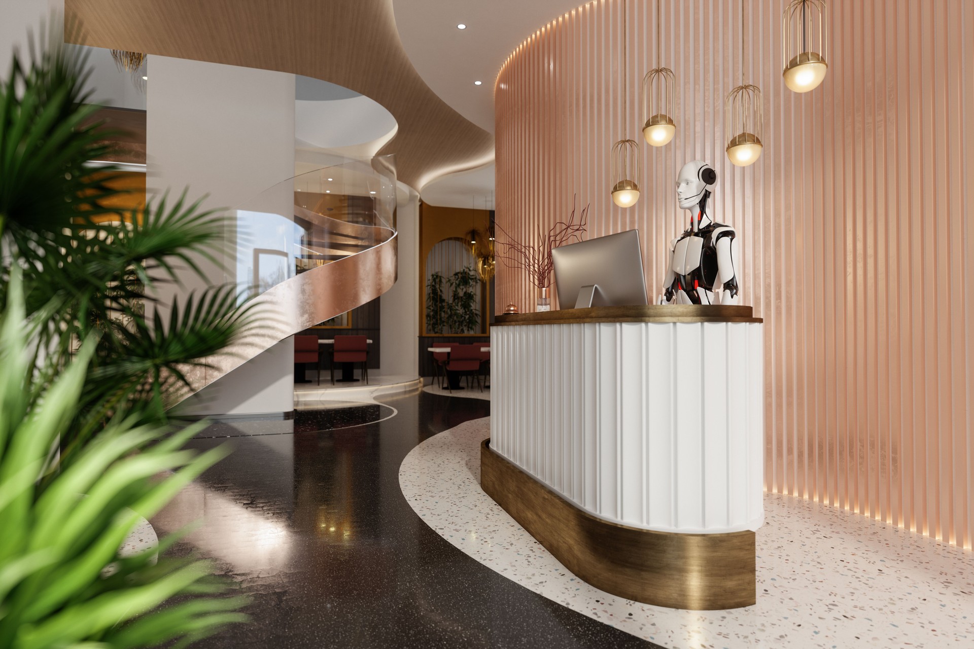Luxury Hotel Entrance With Reception Desk And Smart Robot Working As Receptionist